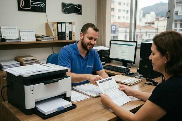 Despachante ajudando um cliente a imprimir o CRLV-e em Juiz de Fora.